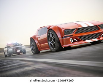 The Chase. Police Car Chasing Of An Exotic Sports Car With Motion Blur. Generic Custom Photo Realistic 3d Rendering.