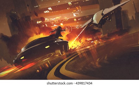 chase scene of spacecraft chasing futuristic car on highway,illustration