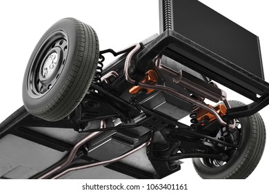 Chassis frame car with wheel, bottom view, close. 3D rendering