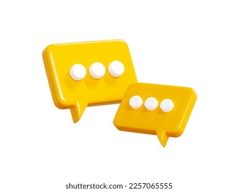 Chat 3d render - two yellow speech bubbles with text symbol. Messages in dialog for conversation and support concept. Comment or speak clouds isolated on white background in minimal. 3D Illustration