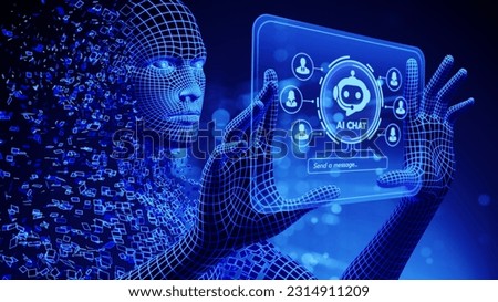 Chat Bot with AI or Artificial Intelligence technology. 3d avatar uses virtual screen with chatbot. Business Technology concept. 3D Illustration