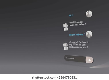 Chat bot on, AI assistant robot to communicate with users. Programming Web Prompt AI, 3D Cool Black Background Illustration