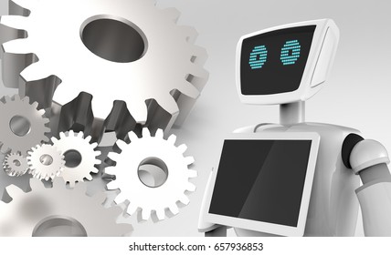 Chat Bot , Robo Advisor , Artificial Intelligence And Future Marketing Concept. 3d Rendering Of Automation Robot And Metal Gears With Gray Background.