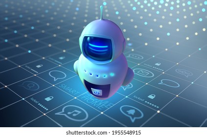 Chat Bot, smart assistant, smart home, internet technologies and mobile devices. 3D illustration of a mini robot in media cyberspace