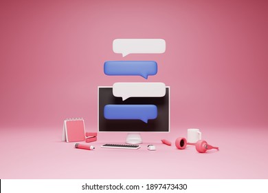 Chat box with computer, office work area .3D rendering.