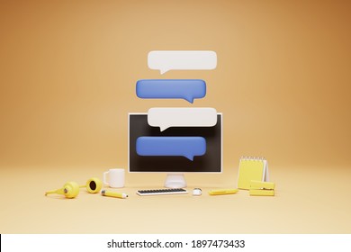 Chat box with computer, office work area .3D rendering.