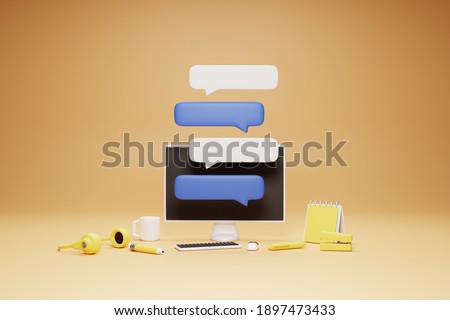 Chat box with computer, office work area .3D rendering.