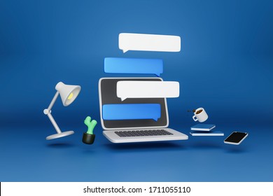 Chat Box With Laptop,coffee Cup,smartphone On Blue Background.3D Rendering.