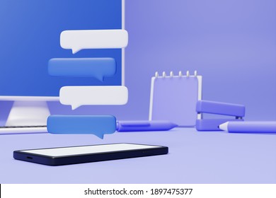 Chat Box With Smartphone ,work Area Background.3D Rendering.