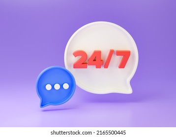 Chat Bubble Message Speech Dialog Icon. 24 Hours 7 Day Opening Hours Sign. 3d Render