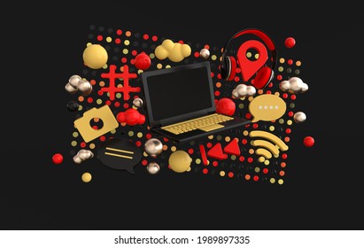 Chat, comment bubble, camera, hashtag, Wi Fi wireless network symbol,  play icons, earphones and laptop. Social media, apps symbols 3d rendering