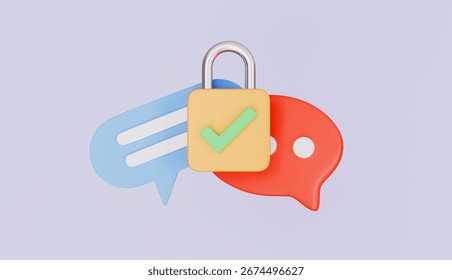 Chat data protection secured with padlock and check mark icon, Chat bubble, Chatting, message box