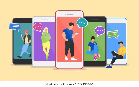 Chat illustration of young people using mobile gadgets .Flat big letters chat and guys people inside smartphones with speech - Powered by Shutterstock