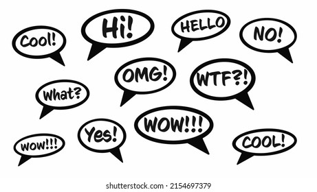 Chat speech bubble with talk phrase for communication set. Question, shout expression and comment message for chatting and social media conversation illustration isolated on white background