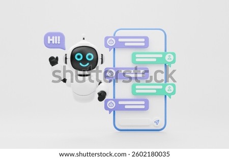 Chatbot AI Artificial Intelligence technology virtual conversation assistant support mobile smart phone online application chatting with customer service automatic answering. 3d rendering.