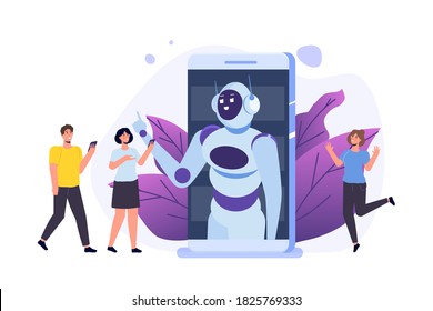 Chatbot Concept. Man Talking To Robot. Customer Support Service Android, Artificial Intelligence Dialog .