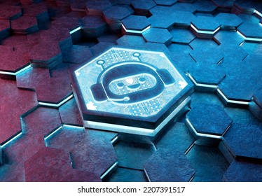 Chatbot Icon Concept Engraved On Blue And Pink Metal Hexagonal Pedestral Background. Chat Bot Assistance Logo Glowing On Abstract Digital Surface. 3d Rendering