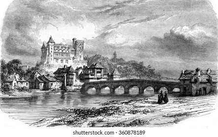 Chateau De Pau, Vintage Engraved Illustration. Magasin Pittoresque 1857.
