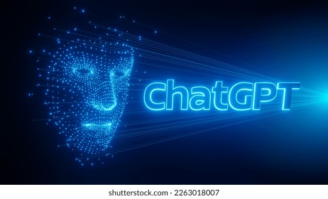 ChatGPT, using and chatting artificial intelligence. face dot style ai futuristic, hologram light ray with text.