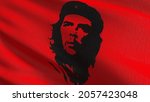 Che Guevara, Cuba flag blowing in the wind. 3D rendering illustration of waving sign