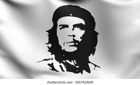 Che Guevara, Cuba flag blowing in the wind. 3D rendering illustration of waving sign