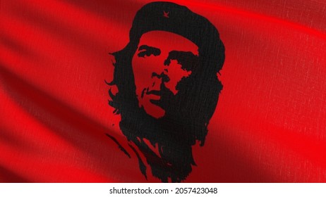 Che Guevara, Bandera de Cuba soplando en el viento. Ilustración 3D del signo de ondulación