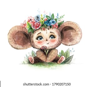 Cheburashka with flowers. Russian cartoon characters. Cute cheburashka sits and holds flowers. Watercolor illustration. 