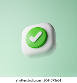 Check mark app icon isolated over lime green background. 3d rendering.
