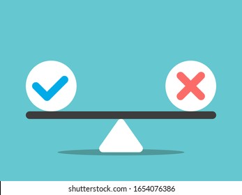 Check Mark And Cross On Scale. Right And Wrong, Yes And No, Positive And Negative, Choice And Decision Concept. Flat Design. Raster Copy