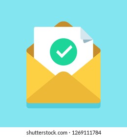 Check Mark Document In Mail Envelope. Approved Tick Marker, Confirm Accepted Or Checked On Acceptance Letter Verify Sending. Confirmation Email Message, Verified Emails Mailer Send Flat  Icon