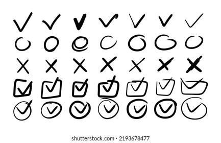 Check Mark Doodle With Checklist And Checkbox V. Box List Tick And Hand Drawn Sketch Brush Vector Illustration. Handdrawn Chalk And Handwritten Ok Stroke. Marker Highlight Set Yes Quality And Icon