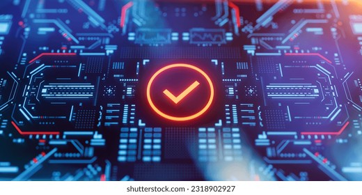 Check mark icon on a digital display with reflection. Concept of quality assurance, validation process, quality management, certification, quality control and compliance to. 3D Illustration - Powered by Shutterstock