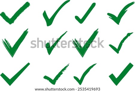 Check mark right or correct icons. Different style and shape checklist designs. Check-mark icon for voting, approval, selection, business, office, poster, and web designs.