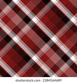 Check Plaid Seamless Pattern, Diagonal Gingham In Black, Red (Maroon) and White Multi, Lumberjack Tartan Vector Pixel Textured with Hoounds Tooth.