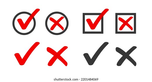 Checkbox Checkmark Square Icon Or Confirm False True Check Mark Red Pictogram Graphic Clipart, Right Wrong Marker Felt Tip Pen Hand Drawn Set, Cross And Tick Survey Choice Element Design