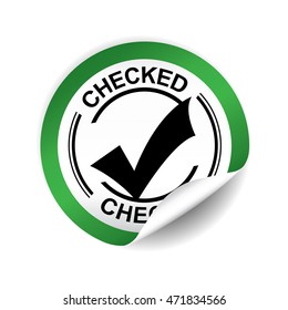 Checked green sticker, button, label and sign.