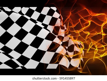 Checker Flag And Fire Against Digitally Generated Background