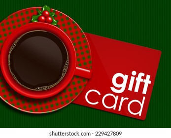 Checkered Christmas Coffee And Gift Card  Lying On Tablecloth