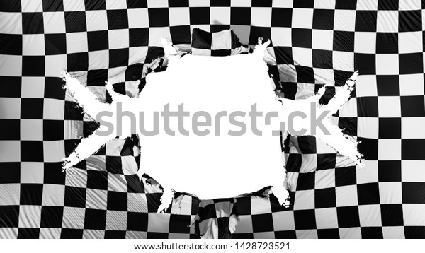 Checkered flag with a big hole, white\
background, 3d\
rendering