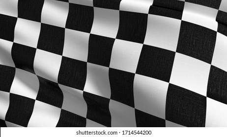 Checkered flag. Black and white square color. 3D rendering illustration of waving sign. illusion pattern background.