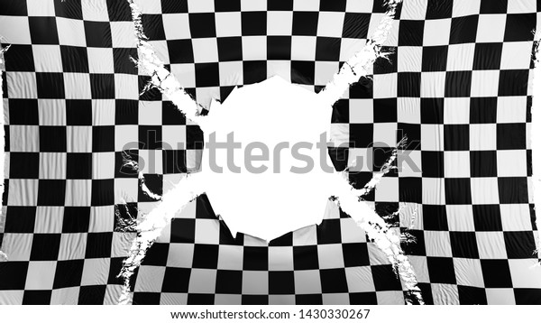 Checkered flag with a hole, white background,\
3d rendering