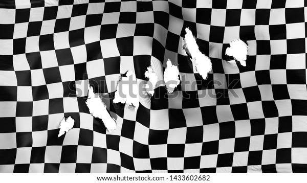 Checkered flag perforated, bullet holes, white\
background, 3d\
rendering