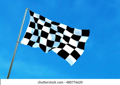 Checkered flag waving on the blue sky background. 3D illustration