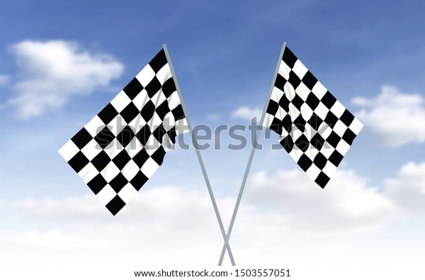 Checkered flags on a sky background, car racing\
sport. Start flags, 3d\
render.