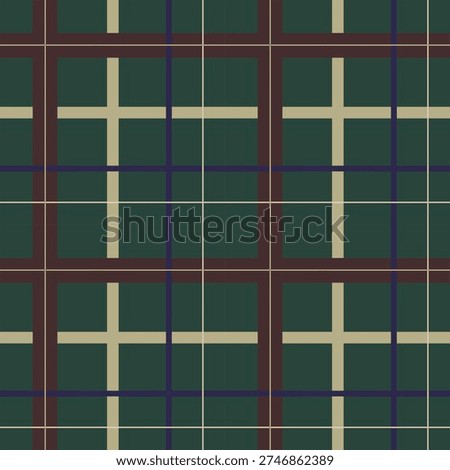 Checkered Green. A seamless checkered pattern of brown, purple and sand crisscrossed stripes on a green background.
