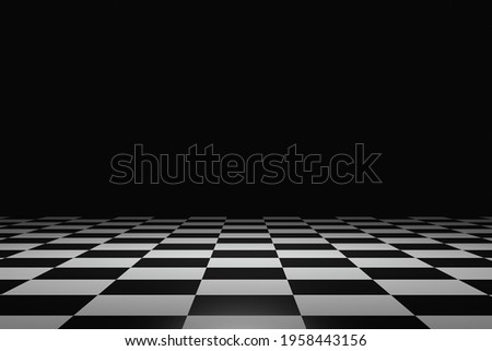 Checkered pattern flooring and abstract product background on dark room pedestal or stage podium with backdrops display. 3D rendering.