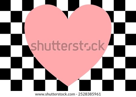 Checkered pattern frame background wallpaper with pink heart. Cute pink heart frame graphic on checkered pattern wallpaper, black and white checkered pattern wallpaper background with cute pink heart