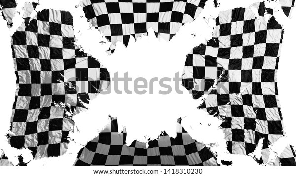 Checkered torn flag fluttering in the wind,\
over white background, 3d\
rendering