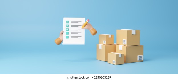 Checking list of shipment packaging boxes, prepare parcel box and check online orders of product for deliver to customer, supply chain, logistics and transport, shopping online concept,3d rendering