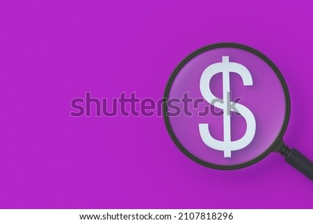Checking suspicious transfers. Detection of illegal financial activity. Search for high-paying job. Favorable lending conditions. Attraction of resources. Dollar symbol, magnifier. 3d render